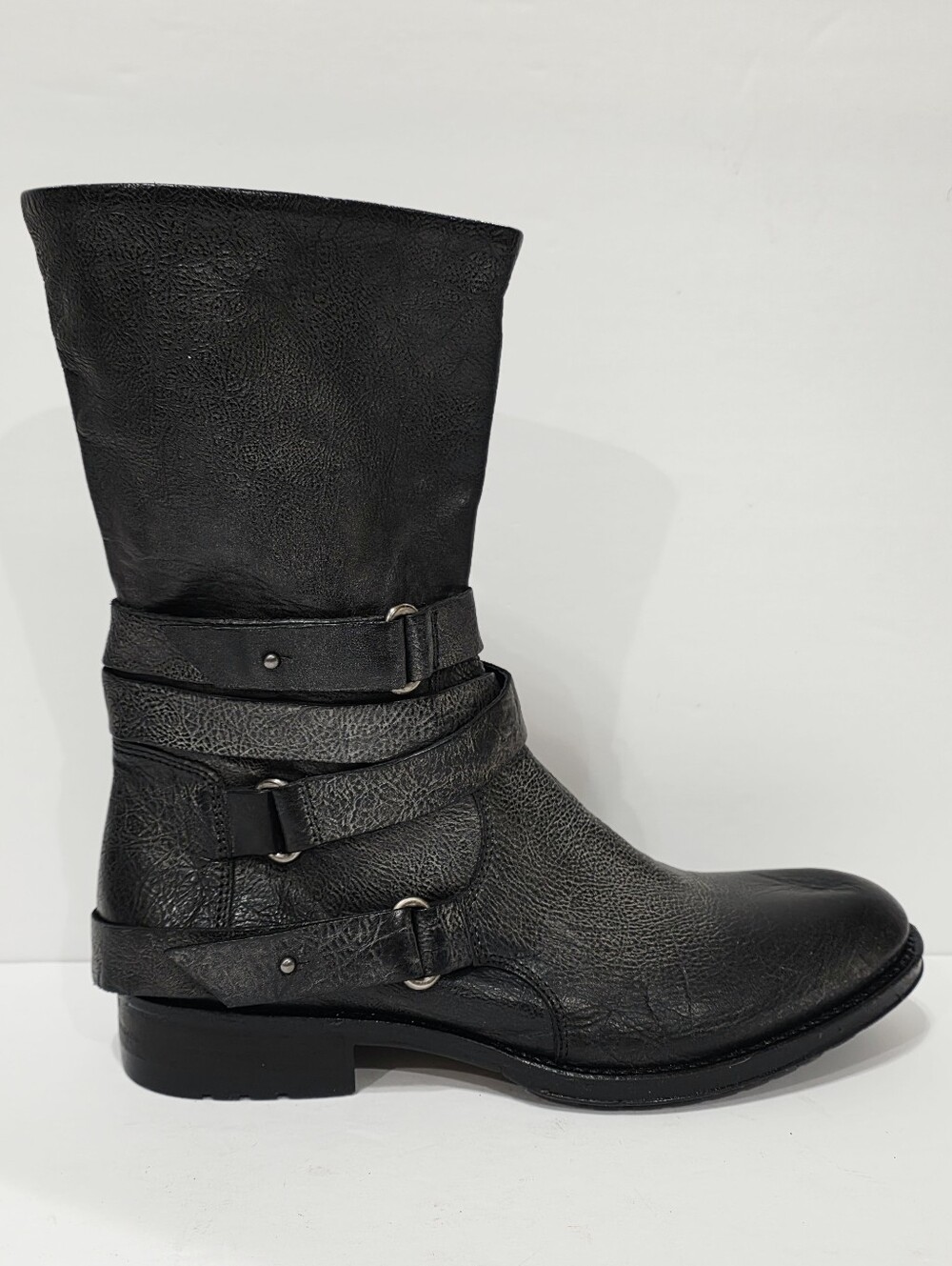Vera Wang Lavender KIPPY Black Leather Boot Moto Biker Riding Buckle 7.5 M New
